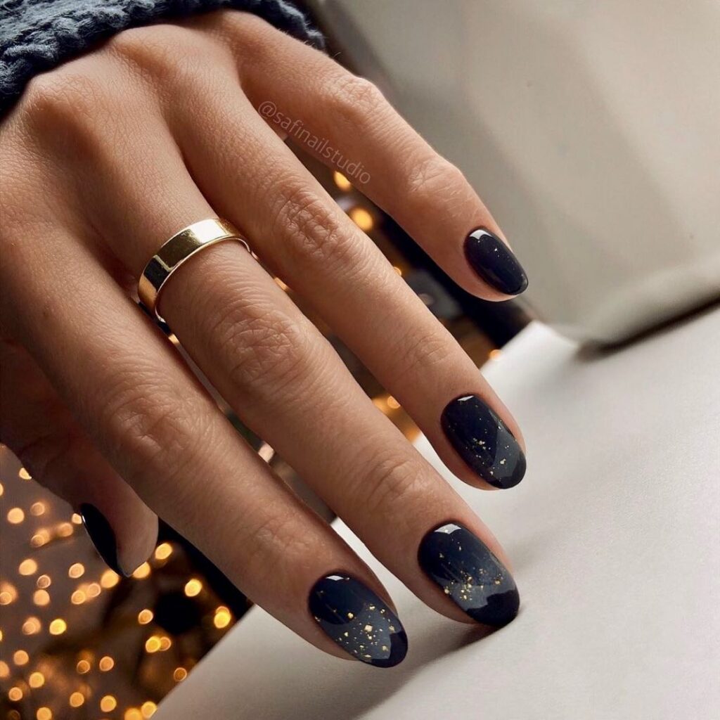 Midnight Blue Almond Nails with Gold Foil – Elegant Starry Night Nail Ideas