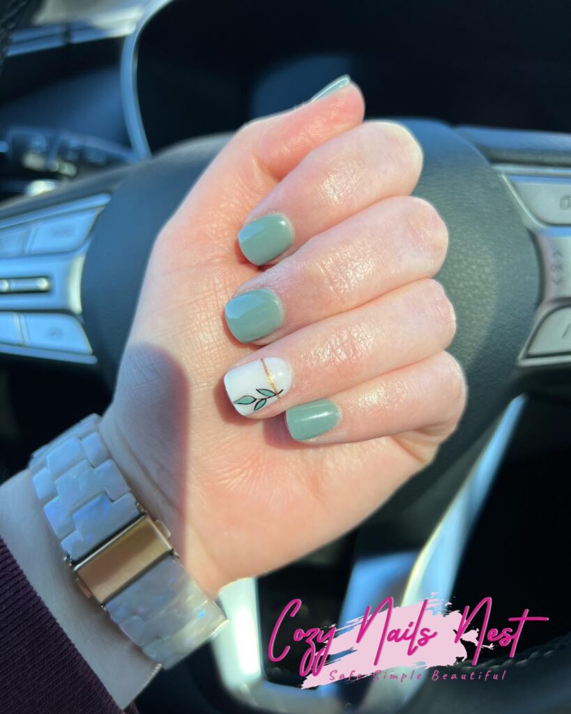Minimal sage green almond nails with gold leaf accents and natural nail ideas