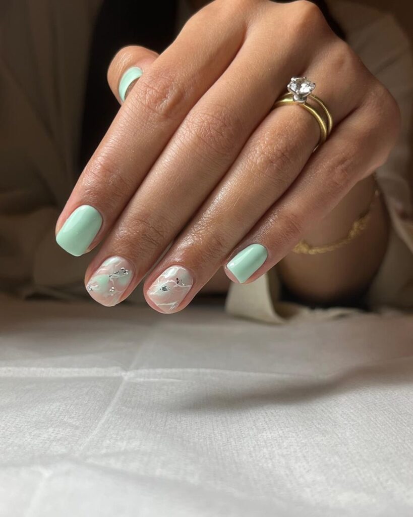 Mint Marble Short Square Nails with Silver Foil Accents for a Refreshing Summer Vibe