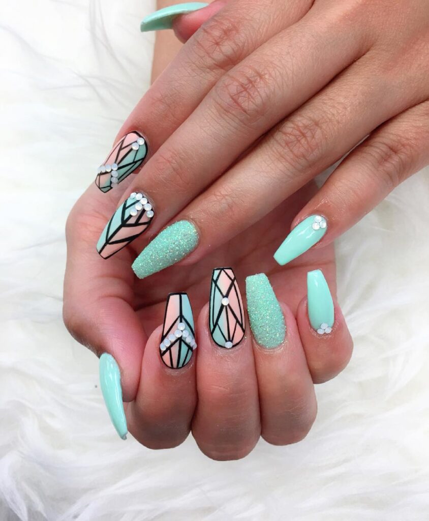 Mint Green and Peach Coffin Nails with Stained Glass and Glitter Accents