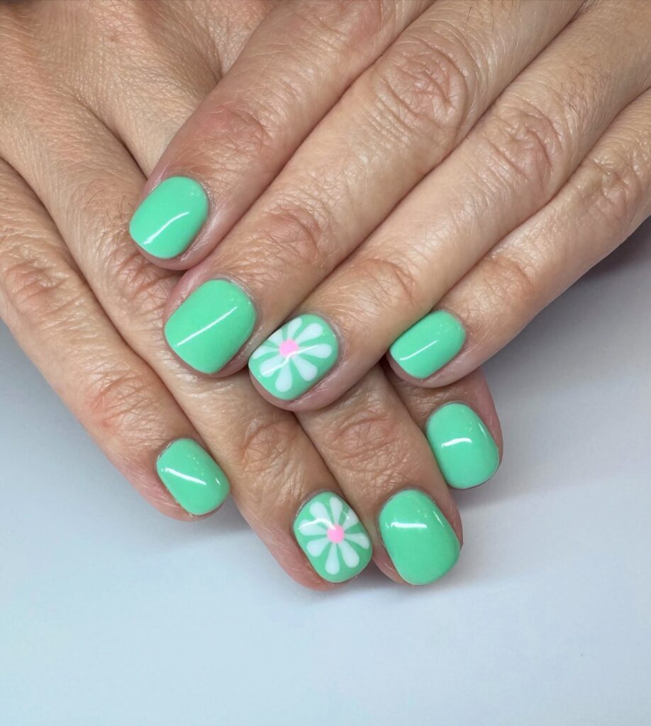 Mint green daisy nails cute simple nail ideas for short rounded square shapes