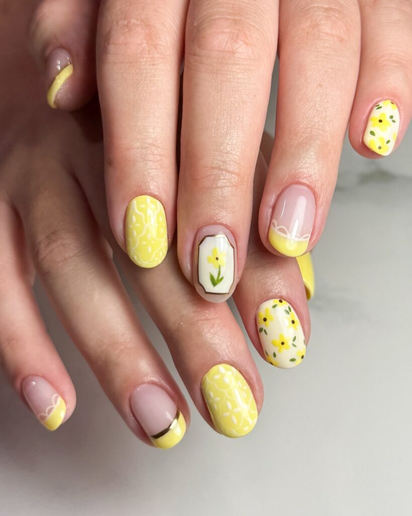 Mixed Floral and French Tip Round Nails in Yellow and Nude for Spring Creativity
