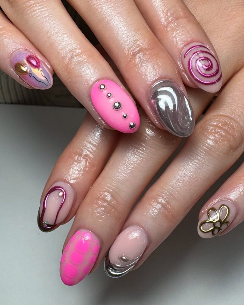 Mixed Texture Almond Nails with 3D Accents and Chrome Art