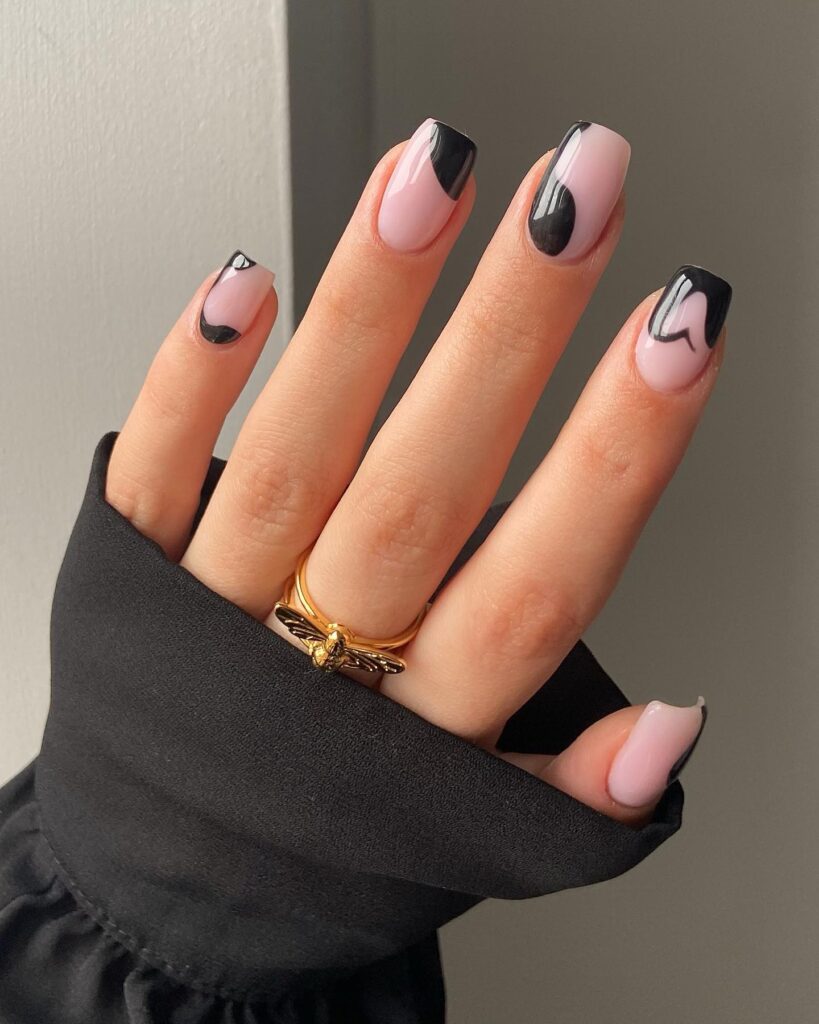 Modern Abstract French Tips on Nude Square Nails with a Glossy Finish