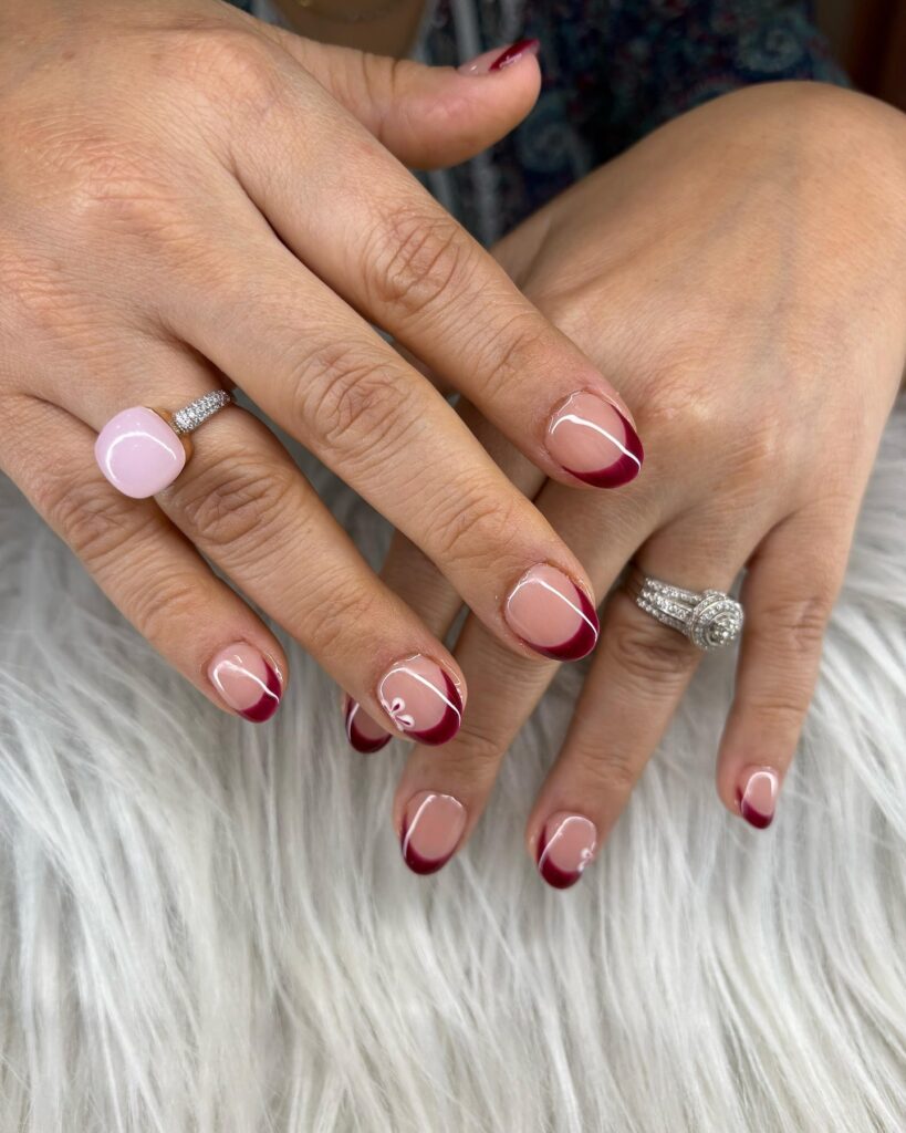 Modern Burgundy French Tips on Short Almond Nails for Elegant Summer Nights
