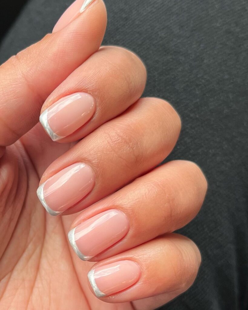 Modern Silver-Tipped French Manicure on Short Natural Nails