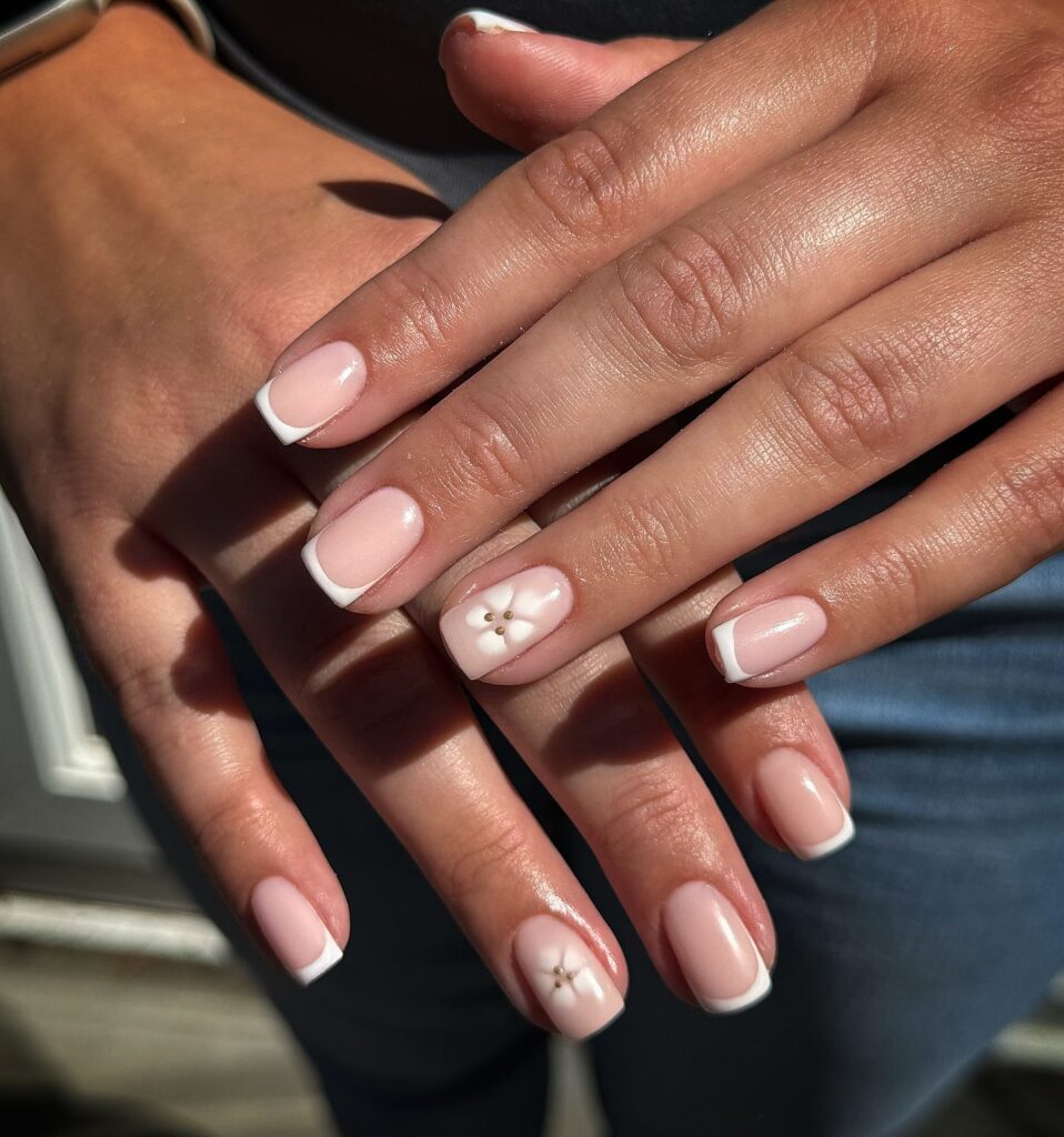 Modern French Tips With Floral Accents on Short Square Nails