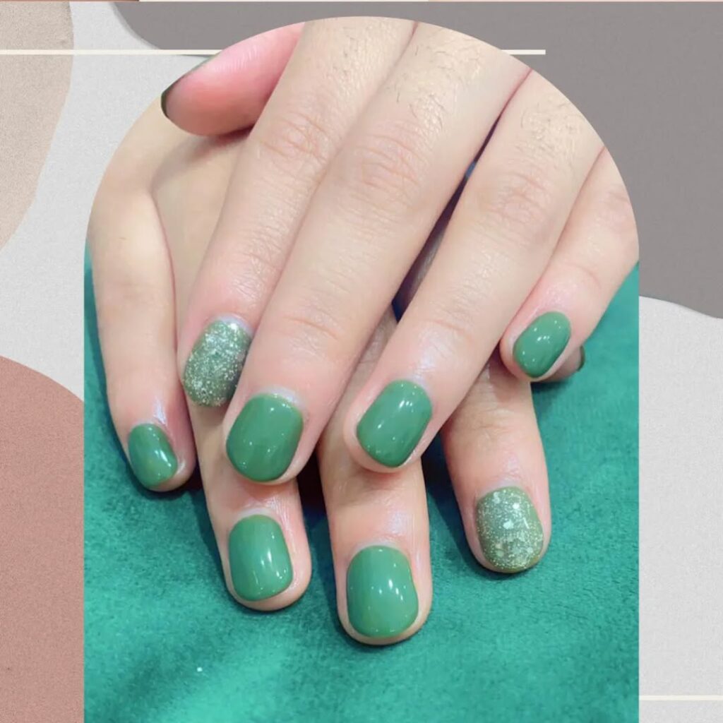 Moss green round nails with silver glitter soft glam nail ideas for seasonal style