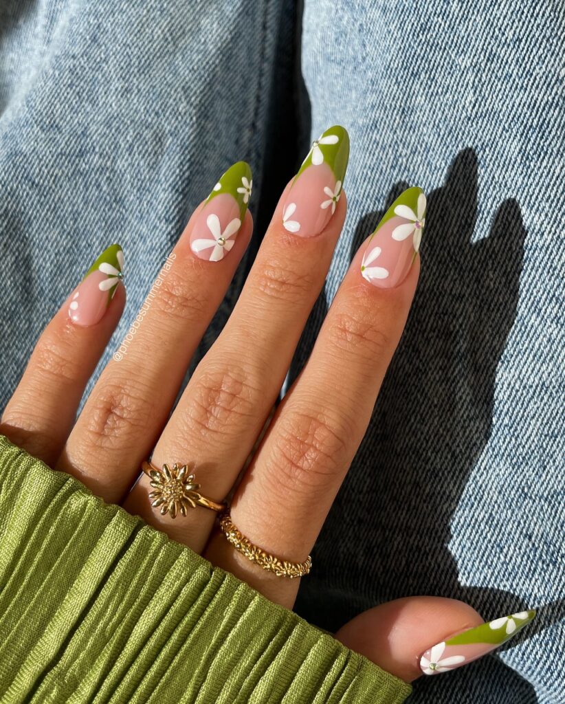 Natural Pink Nails with Olive Green French Tips and Sparkling Daisy Floral Nail Ideas for Spring