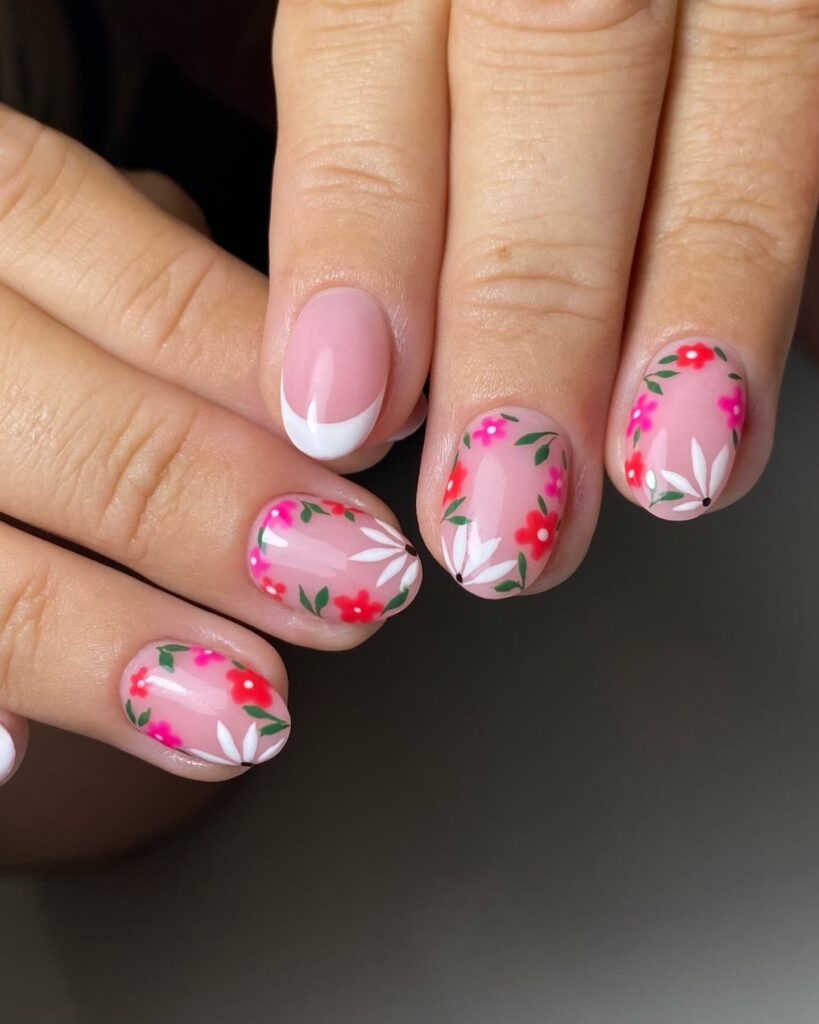 Natural Pink Nails with Garden Floral Art and Classic French Tips for Spring Chic