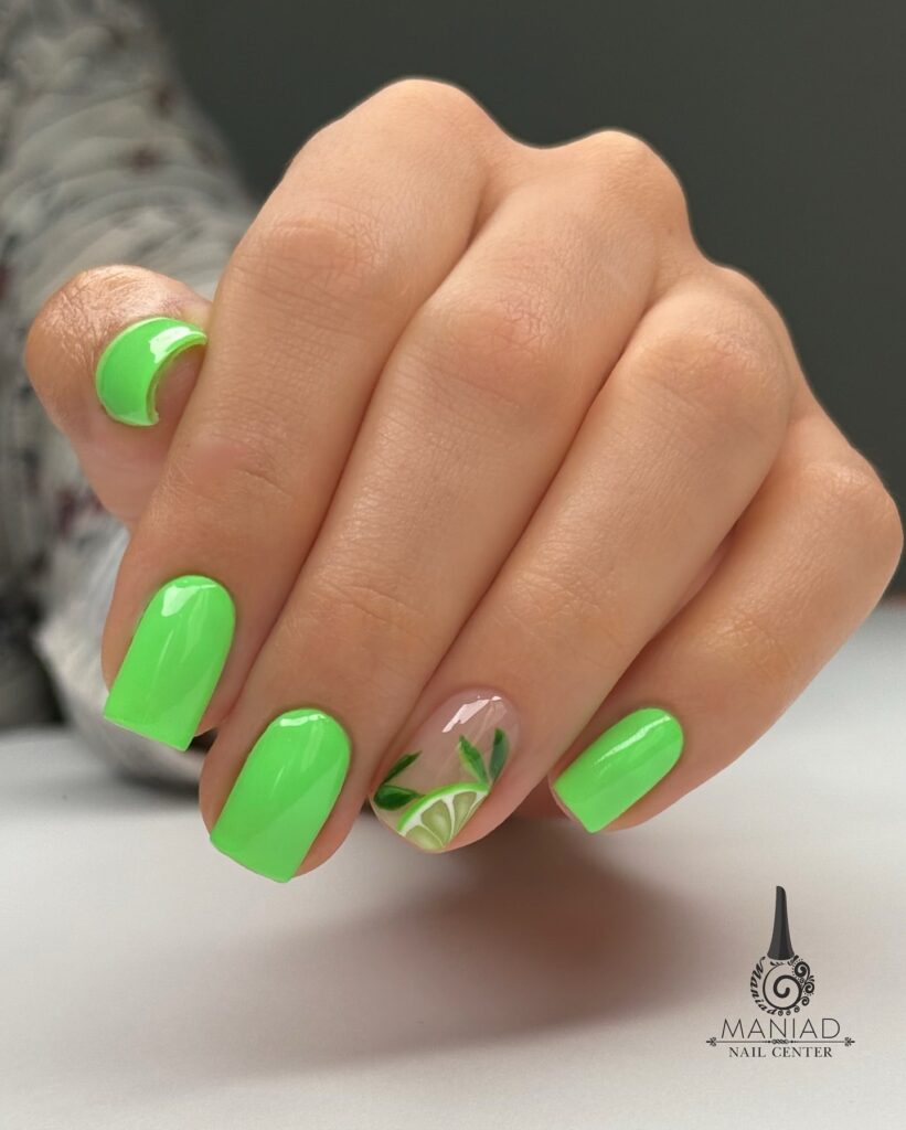 Neon Green Fruit Nail Ideas with Lime Art on Short Square Nails