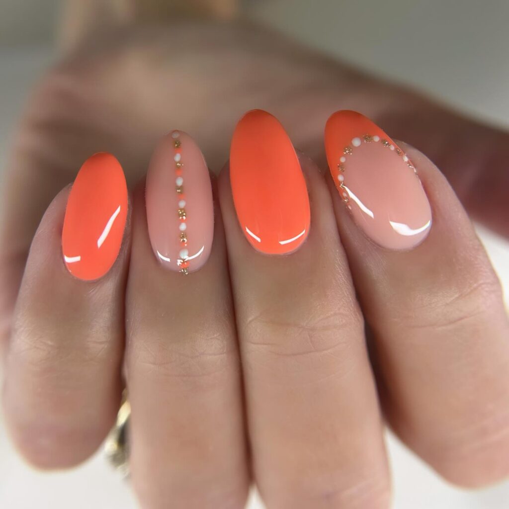 Neon Orange and Nude Nails with Daisy Details – Bright and Playful Birthday Nail Ideas