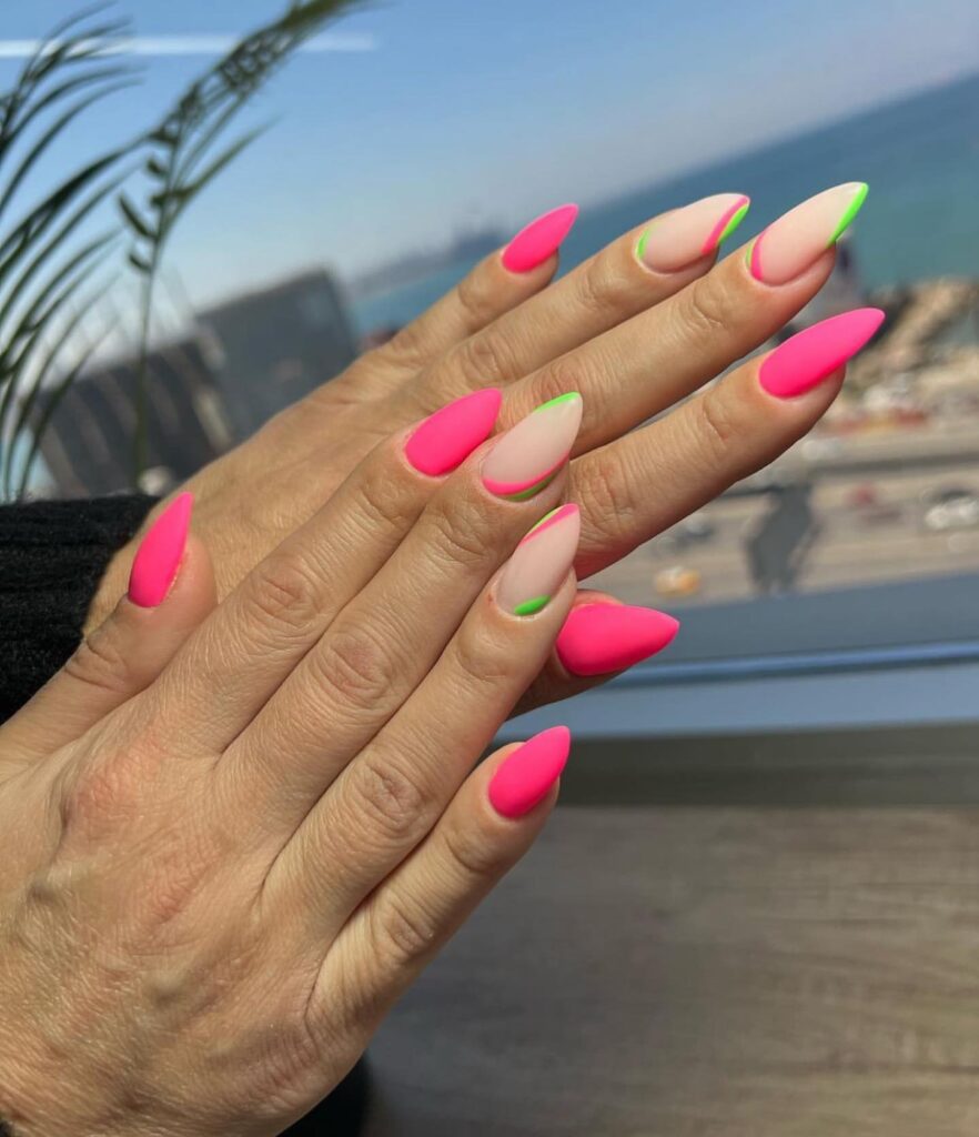 Neon Pink and Lime Green Almond Nails with Diagonal Color Block Design
