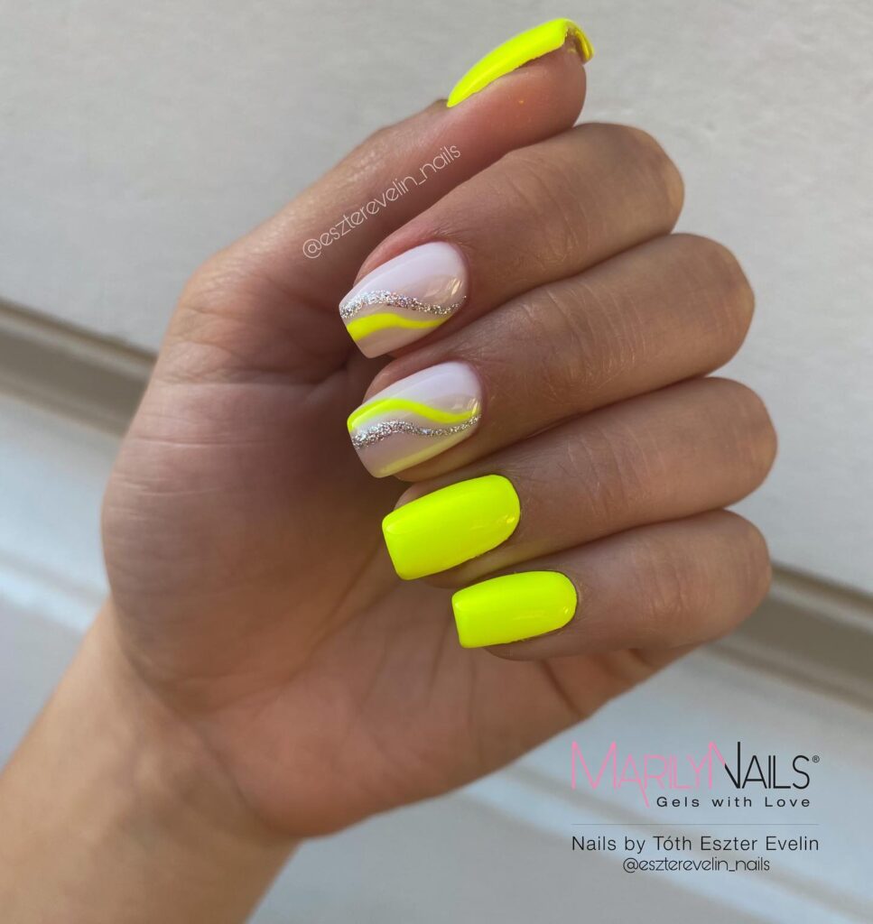 Neon Yellow Square Nails with Glitter Wave Accents – Bold Summer Nail Ideas