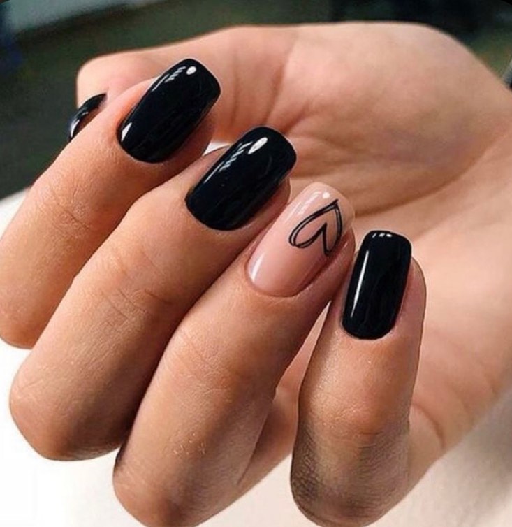 Nude and Black Heart Square Nails – Cute Romantic Nail Ideas for Date Night