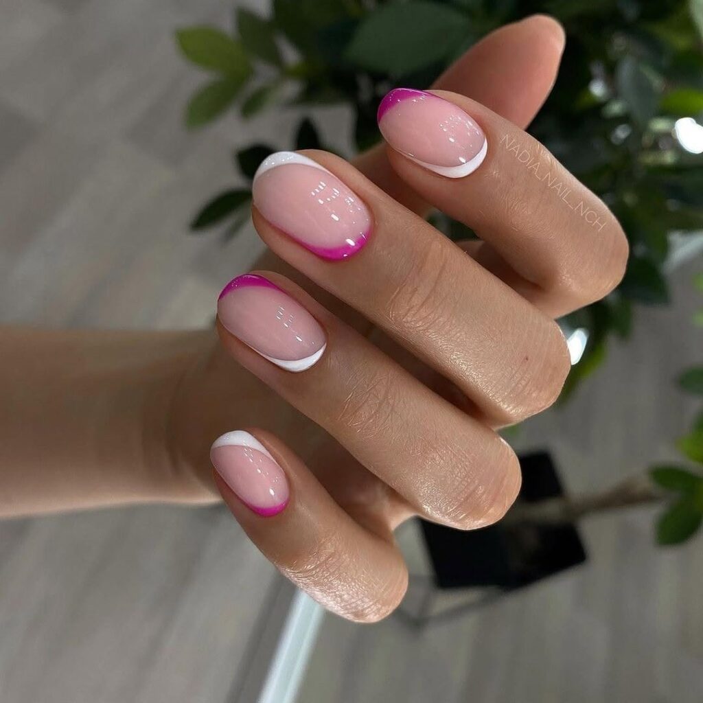 Nude oval nails with pink and white curved French tips creative nail ideas to try