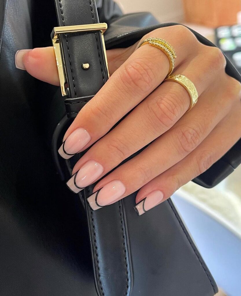 Nude Pink French Tips with Abstract Line Art on Square Nails