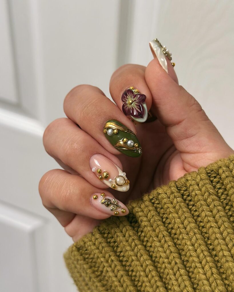 Olive Green and Pearl Almond Nails with 3D Florals and Gold Studs