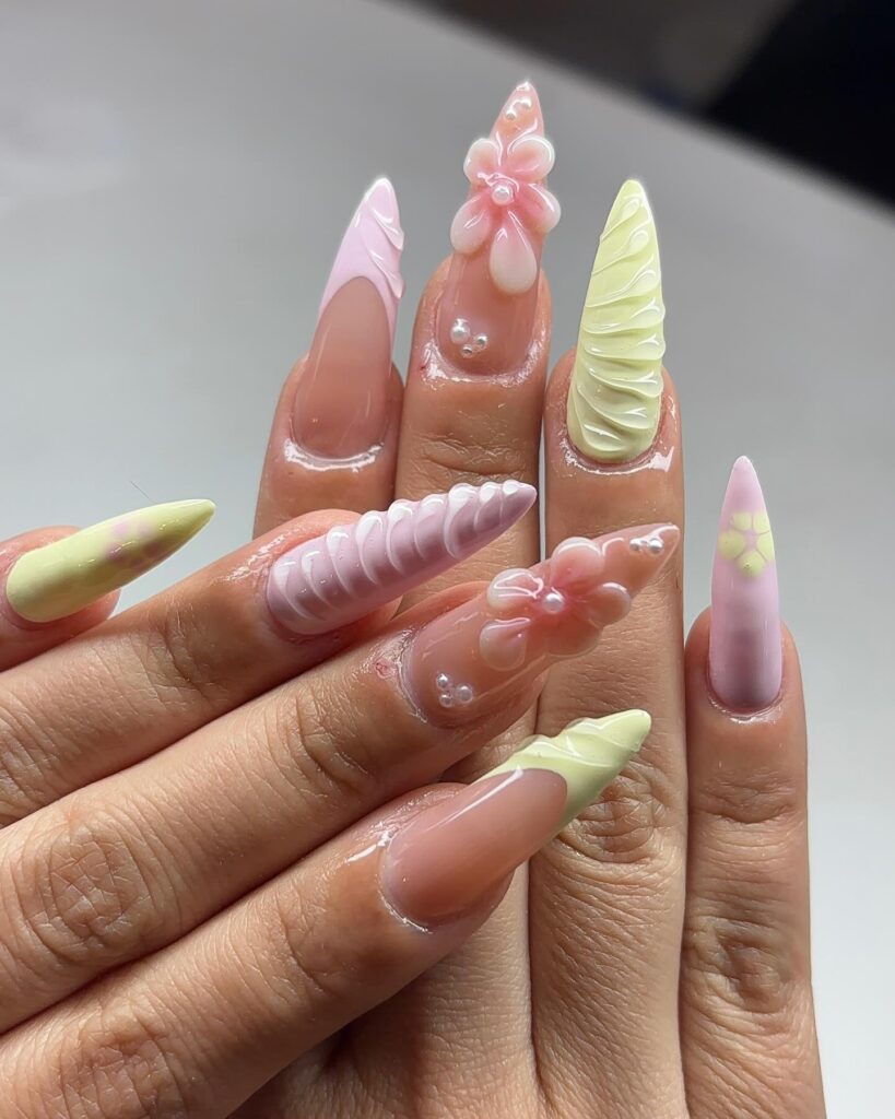 Pastel 3D Floral Stiletto Nails with Pearlescent Accents for a Fairytale Finish