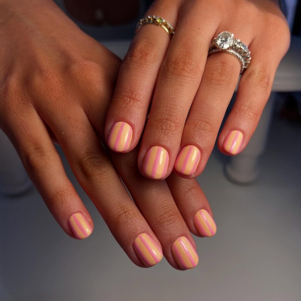 Pastel Candy Stripe Nail Ideas on Short Rounded Nails for a Youthful Summer Look