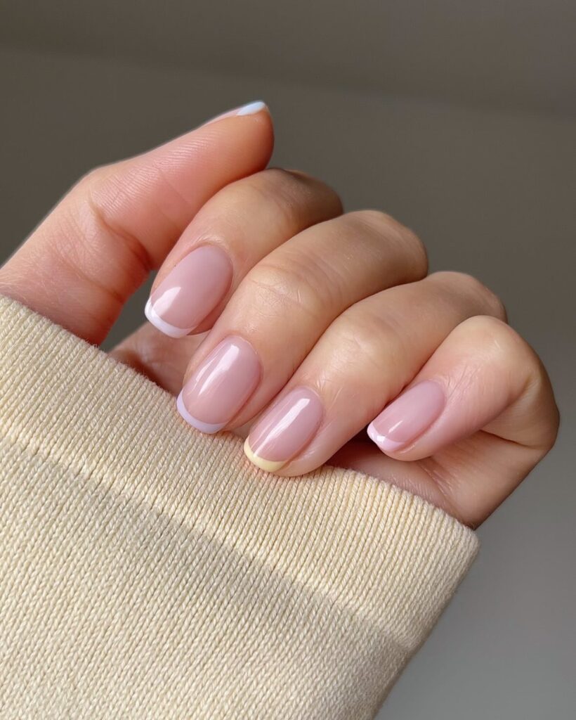 Pastel French Tips on Short Square Nails for a Chic Minimalist Summer Look