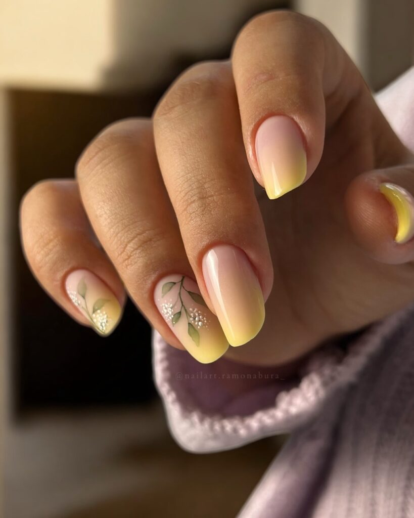 Pastel Yellow Gradient Almond Nails with Leaf and Floral Details
