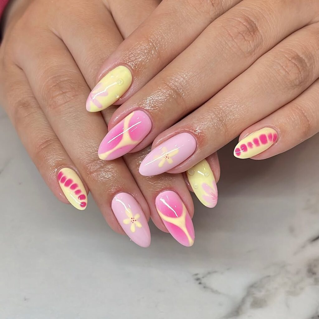 Pastel Floral and Swirl Nail Art on Almond Shapes for a Fun Spring Statement