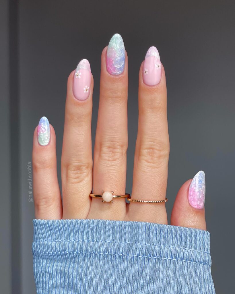 Pastel Marble Tips with 3D Flowers on Almond Nails for Dreamy Fairycore Nail Ideas