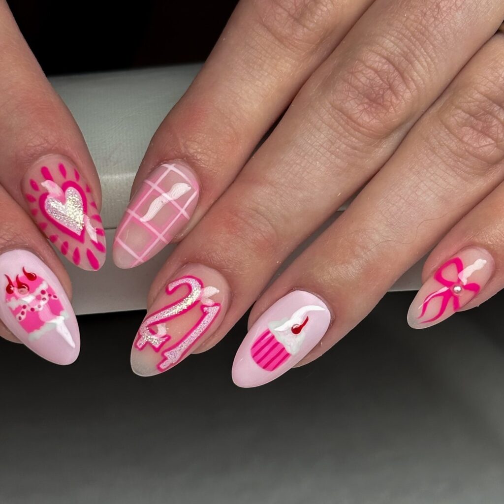 Pastel Pink Almond Nails with Birthday Cake Art and Cupcakes – Fun 21st Birthday Nail Ideas
