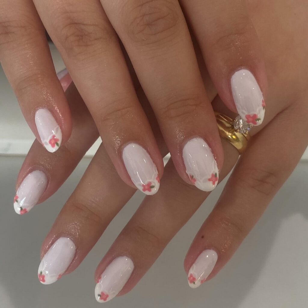 Pastel Pink and White Floral Oval Nails – Spring-Inspired White Nail Ideas with Garden Charm