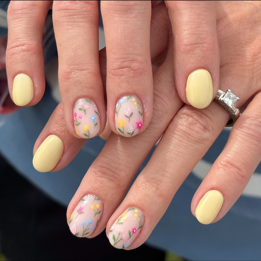 Pastel Yellow and Floral Oval Nails for Spring – Garden-Inspired Nail Ideas for the Office