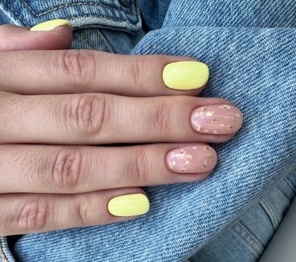 Pastel Yellow and Pink Oval Nails with Gold Foil – Elegant and Playful Summer Nail Ideas