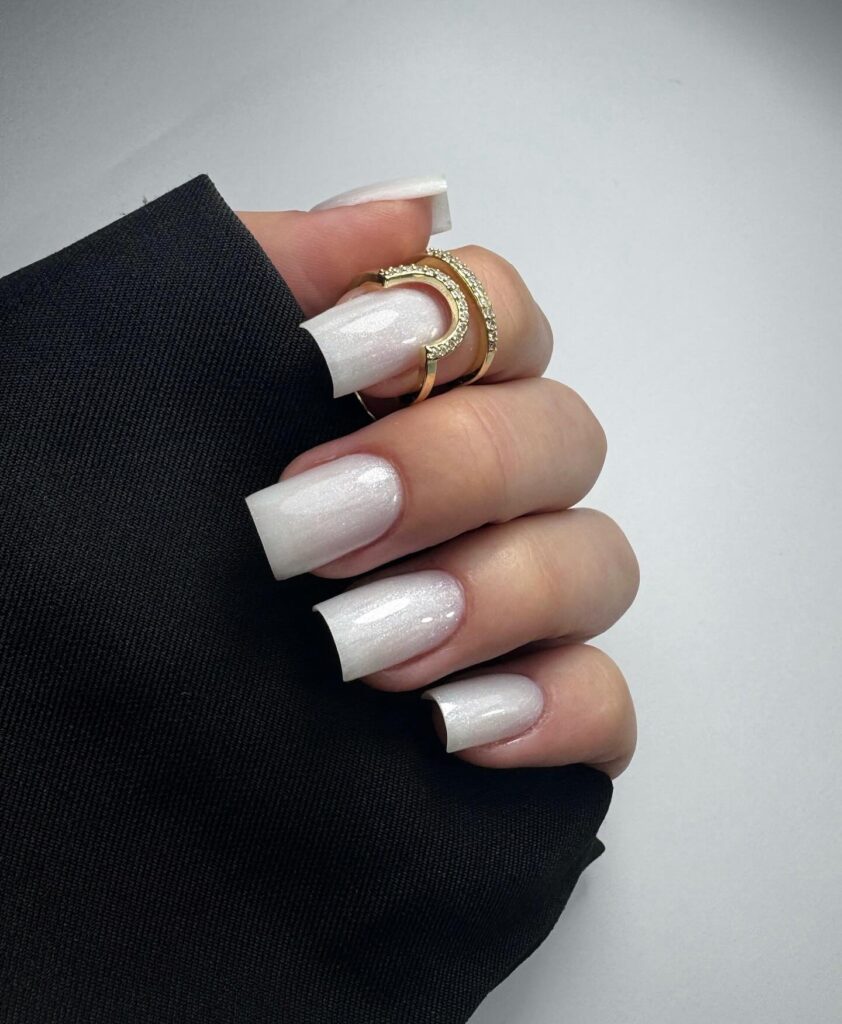 Pearly White Square Nails with Iridescent Glow – Subtle and Elegant White Nail Ideas