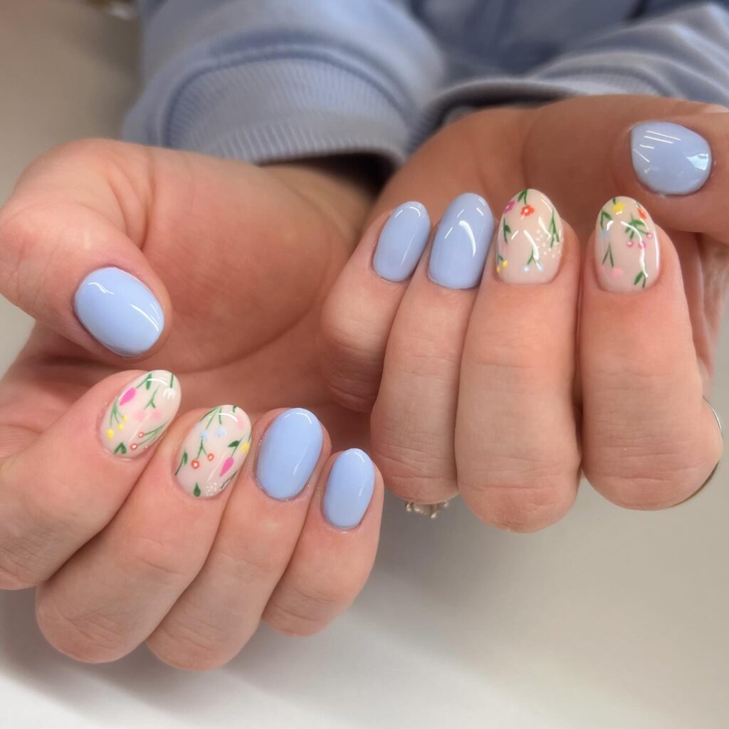 Periwinkle and Nude Oval Nails with Garden-Inspired Floral Art for Spring Days