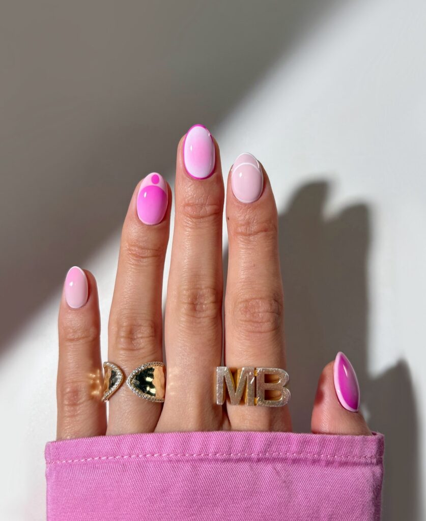 Pink Ombre Oval Nails with Artsy Dot Details and Glossy Finish