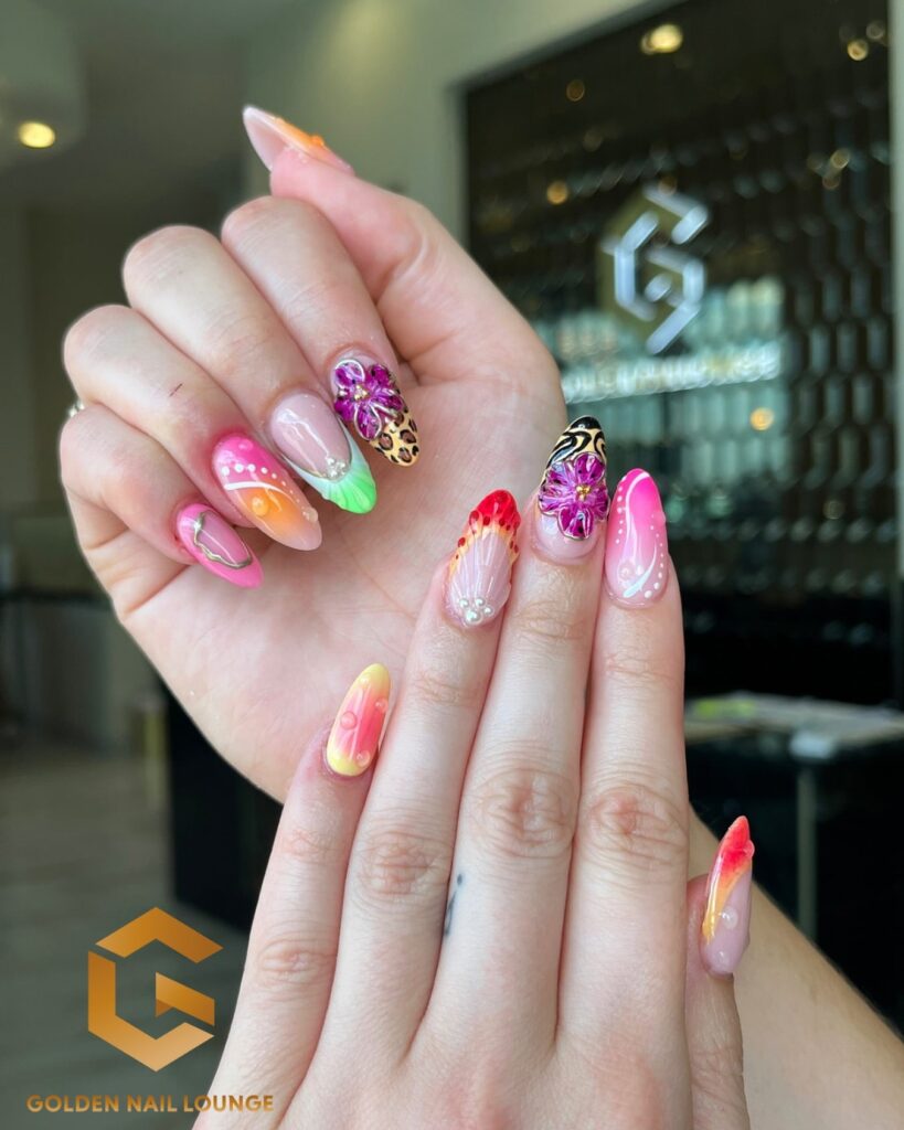 Playful Tropical Almond Nails with Mixed Neon Tips and 3D Florals