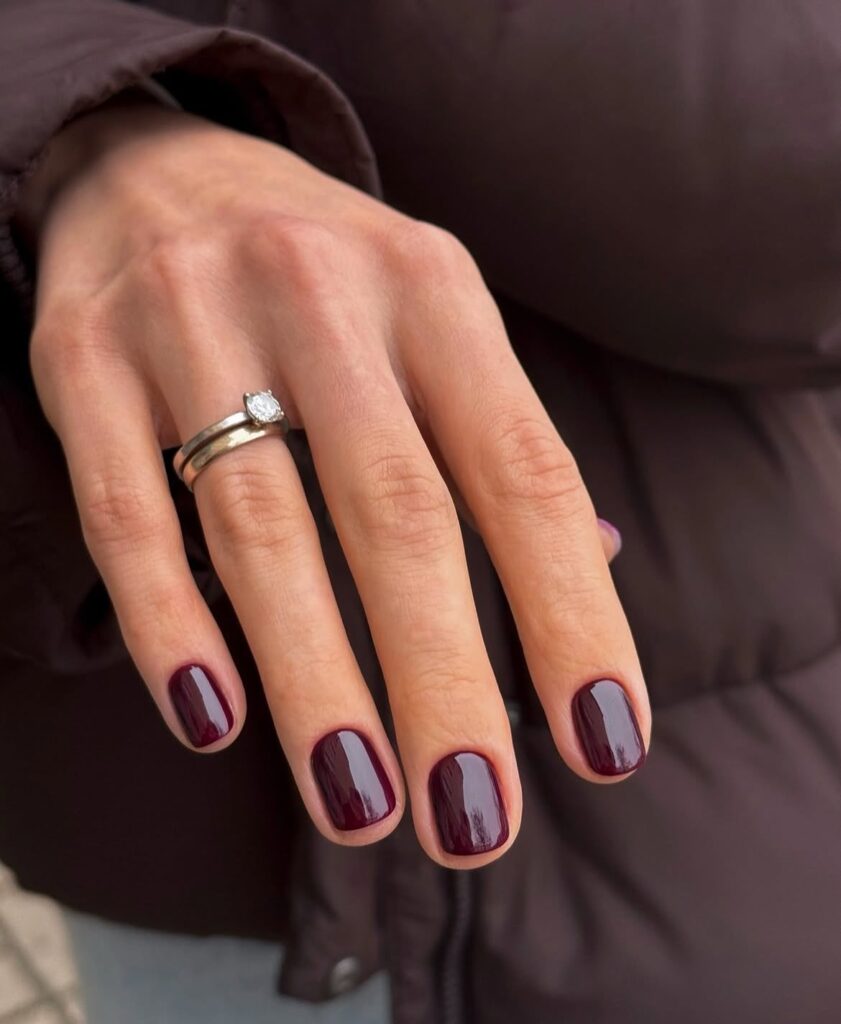 Plum Glossy Short Nails with Rounded Square Tips – Elegant Fall Nail Ideas