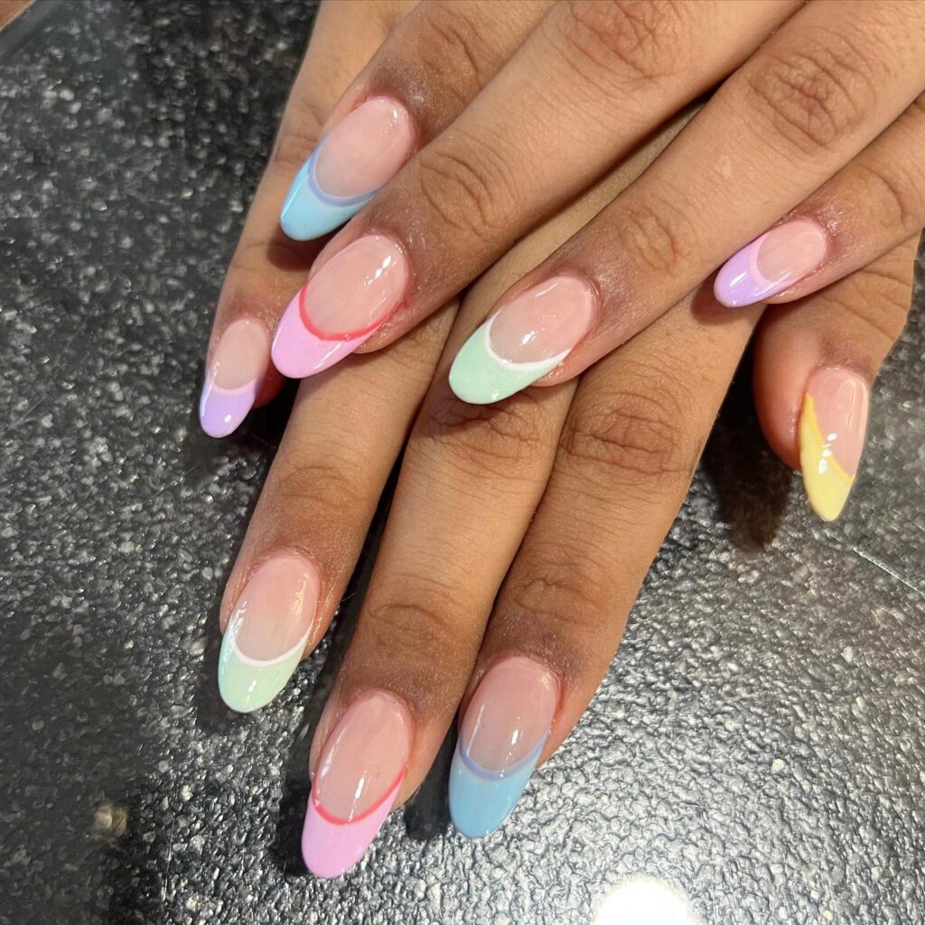 Rainbow French Tip Almond Nails in Pastels for a Fun, Youthful Summer Statement