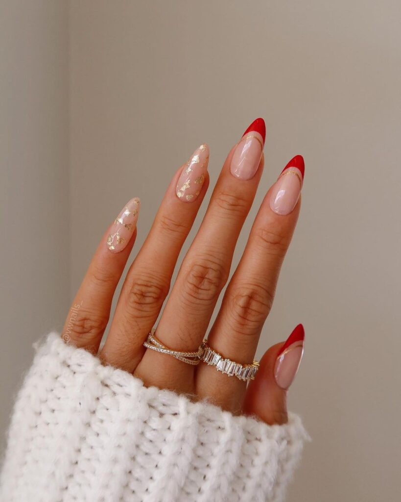 Red and Gold Almond French Tips – Elegant Holiday Short Nail Ideas with a Glamorous Twist