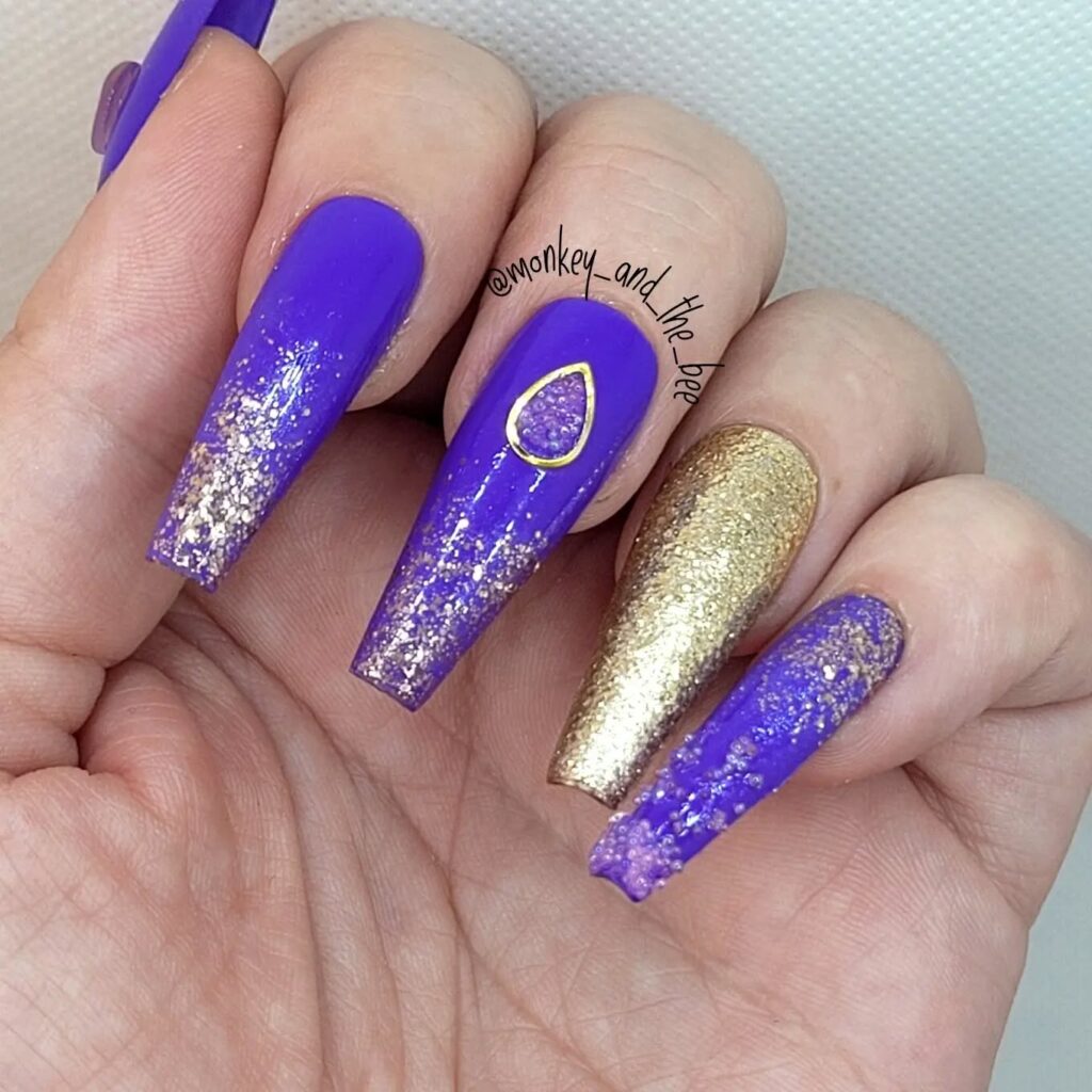 Regal Purple and Gold Coffin Nails with Jewel Accents for Glam Birthday Nights