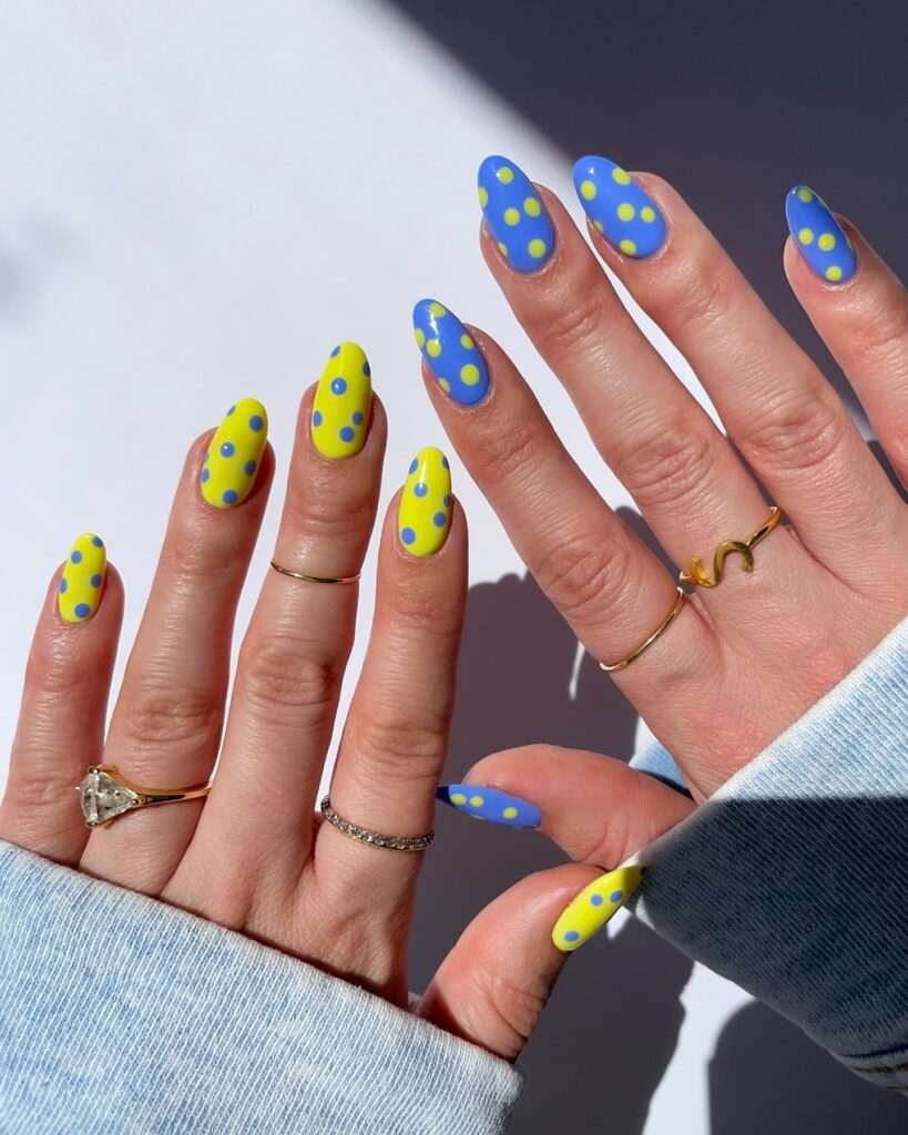 Retro Polka Dot Almond Nails in Matte Yellow and Periwinkle Blue