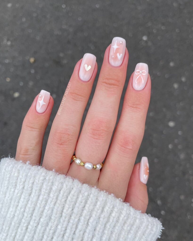 Romantic Soft Square Nails with Stars, Pearls, and Sheer Pink Polish