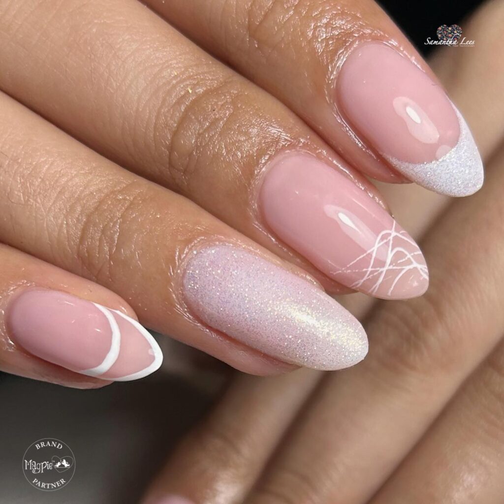 Romantic Almond Nails with White Line Art and Subtle Glitter for a Soft Birthday Look