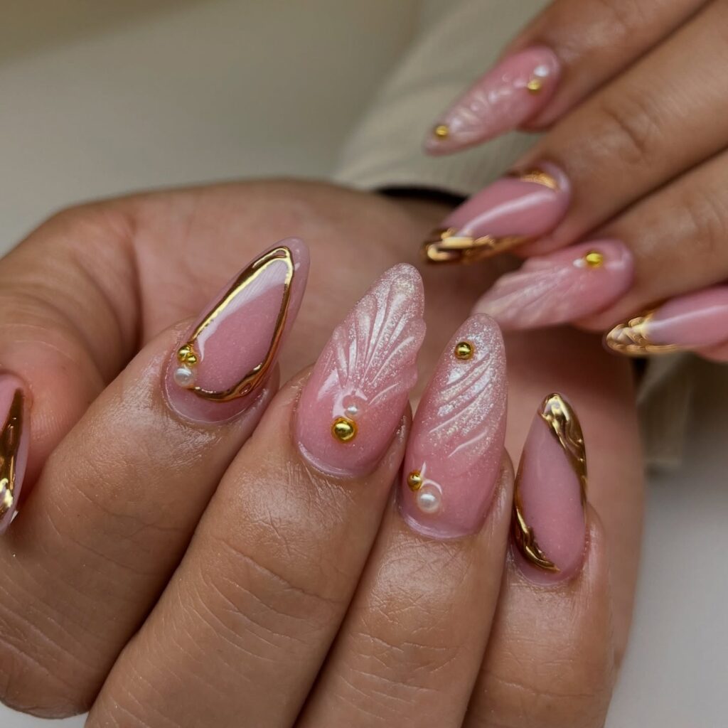 Romantic Butterfly Embossed Almond Nails with Pearls and Gold Details – Luxe Birthday Nail Ideas