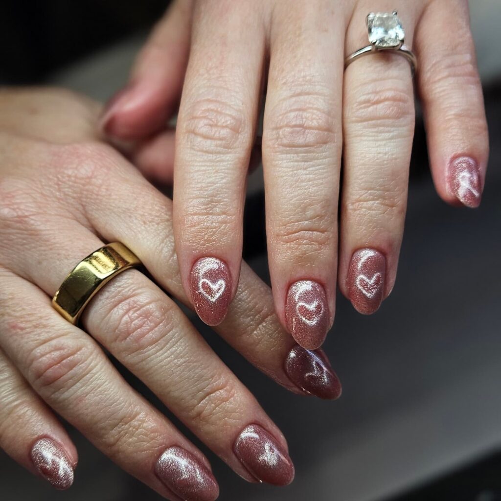 Rose Gold Almond Cat-Eye Nails with Magnetic Heart Details for Sweet Valentine’s Vibes