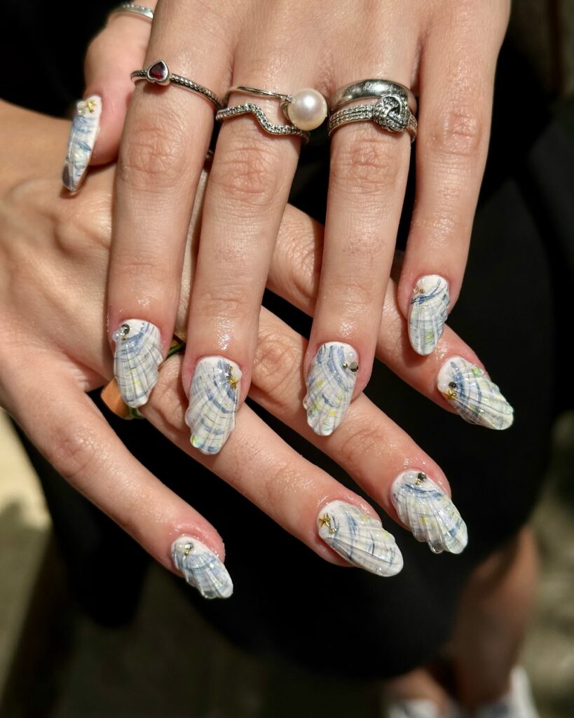 Rounded Square Summer Vacation Nails with Seashell Texture and Pastel Plaid