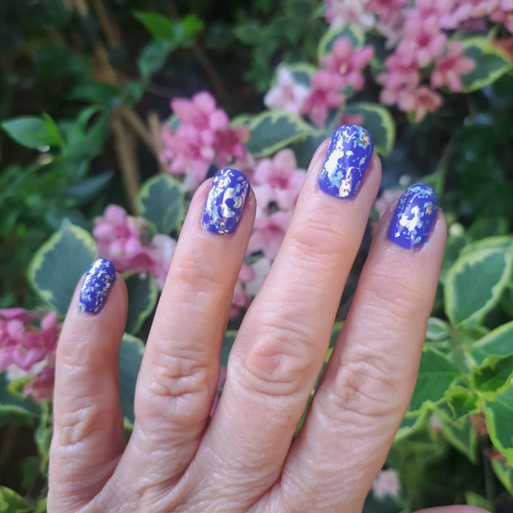 Royal Blue Birthday Nails with Gold Foil and Celestial Art Vibes