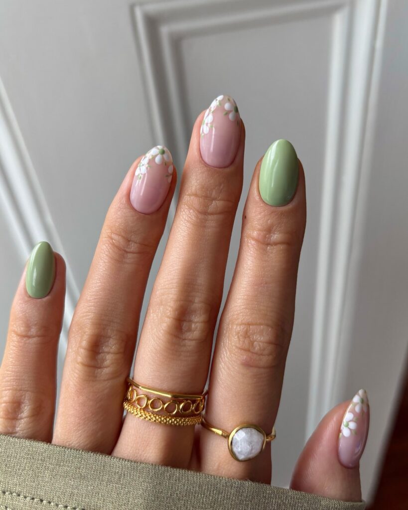 Sage Green and Soft Pink Almond Nails with Reverse French Daisy Floral Nail Ideas