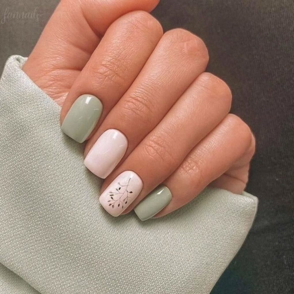 Sage Green and Pale Pink Square Nails with Botanical Line Art – Elegant Spring Nail Ideas