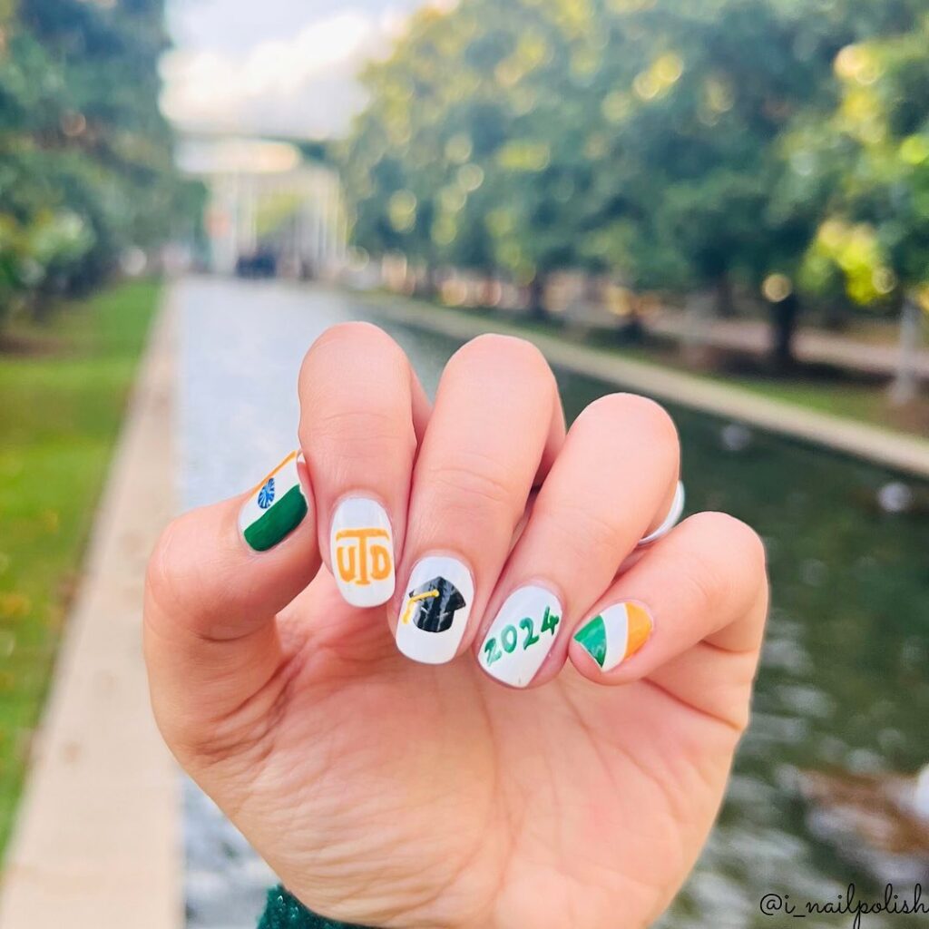 School Spirit Graduation Nails with Hand-Painted Caps, Year, and University Colors in Green Orange White